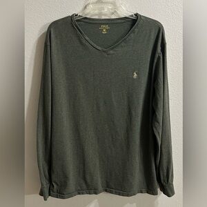 Polo Ralph Lauren Mens V Neck Tshirt Sz XL Olive Green Jersey Cotton Long Sleeve